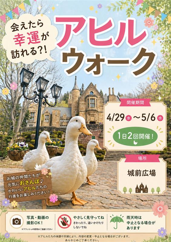 ヨーロッパ風の城を背景に、3羽の白いアヒルが石畳の上を歩いているイベントポスター。4/29から5/6まで城前広場で開催。