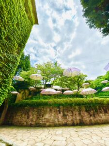 新緑の庭園と透き通るアンブレラスカイ