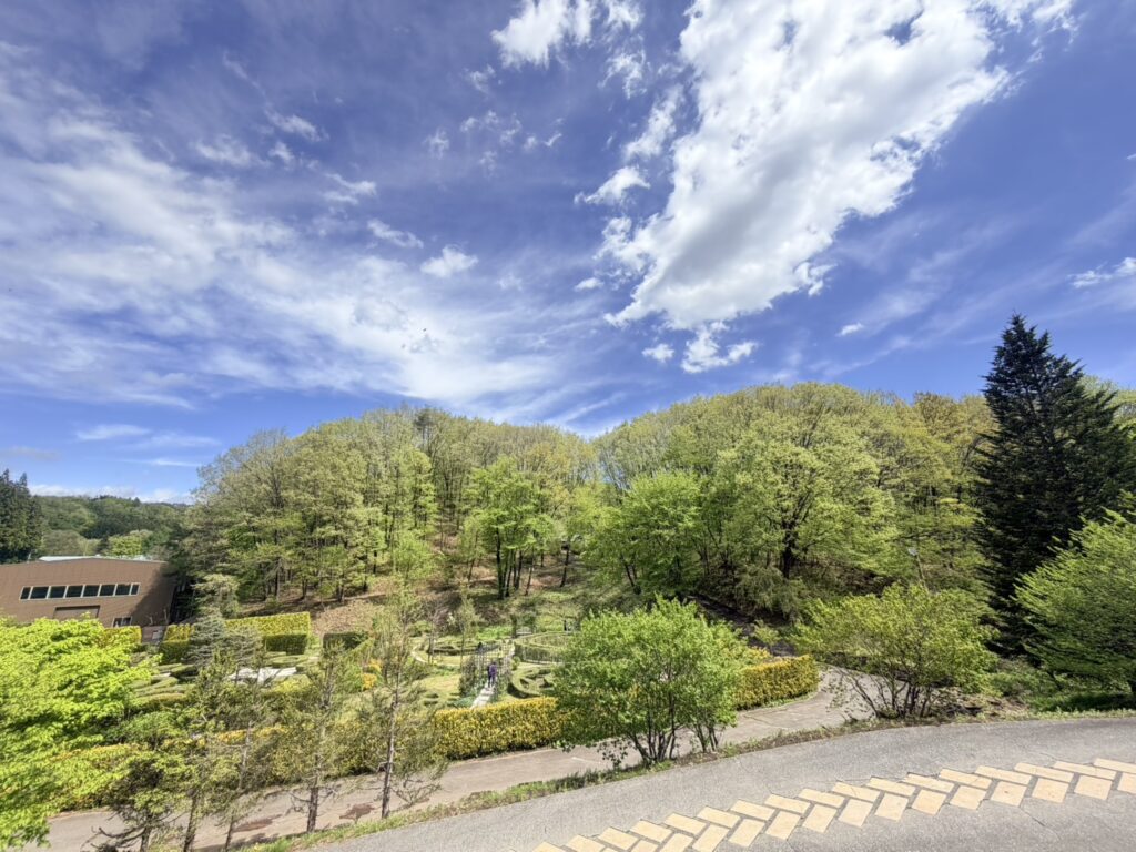 抜けるような青空と白い雲、鮮やかな新緑に包まれたロックハート城の庭園風景。
