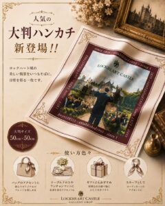 ロックハート城オリジナルの大判ハンカチを紹介した商品画像。50cm×50cmサイズで、バッグやランチョンマット、ギフト、スカーフなど幅広く使える人気のお土産です。