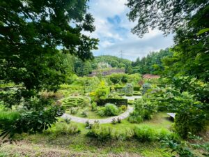 ロックハート城のウィリアムズ・ガーデンを木々の間から眺めた夏の風景