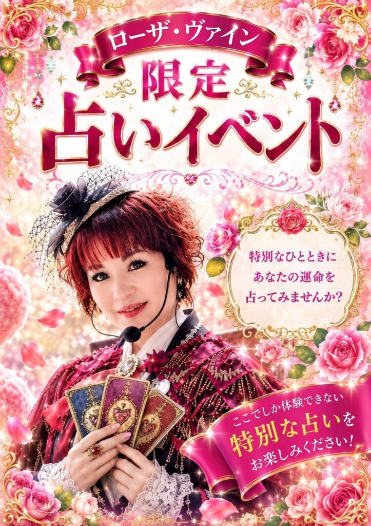 ロックハート城で開催される「ローザ・ヴァイン限定占いイベント」の告知ポスター。タロットカードを持つ宮廷占い師が特別鑑定を案内している。