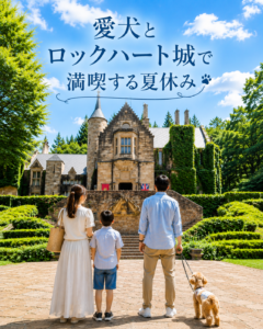 愛犬と家族がロックハート城を眺めながら夏休みを楽しむ様子。ペット同伴で楽しめる群馬県の観光スポット。