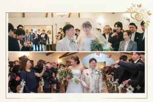 結婚式の挙式風景を収めたコラージュ画像。上段は、新郎新婦が緊張した面持ちでチャペルに入場する様子と、見守るゲスト。下段は、挙式後に笑顔で退場する新郎新婦が、ゲストから赤いフラワーシャワーの祝福を受けている様子。右上にゴールドのバラと結婚指輪のイラストが添えられている。