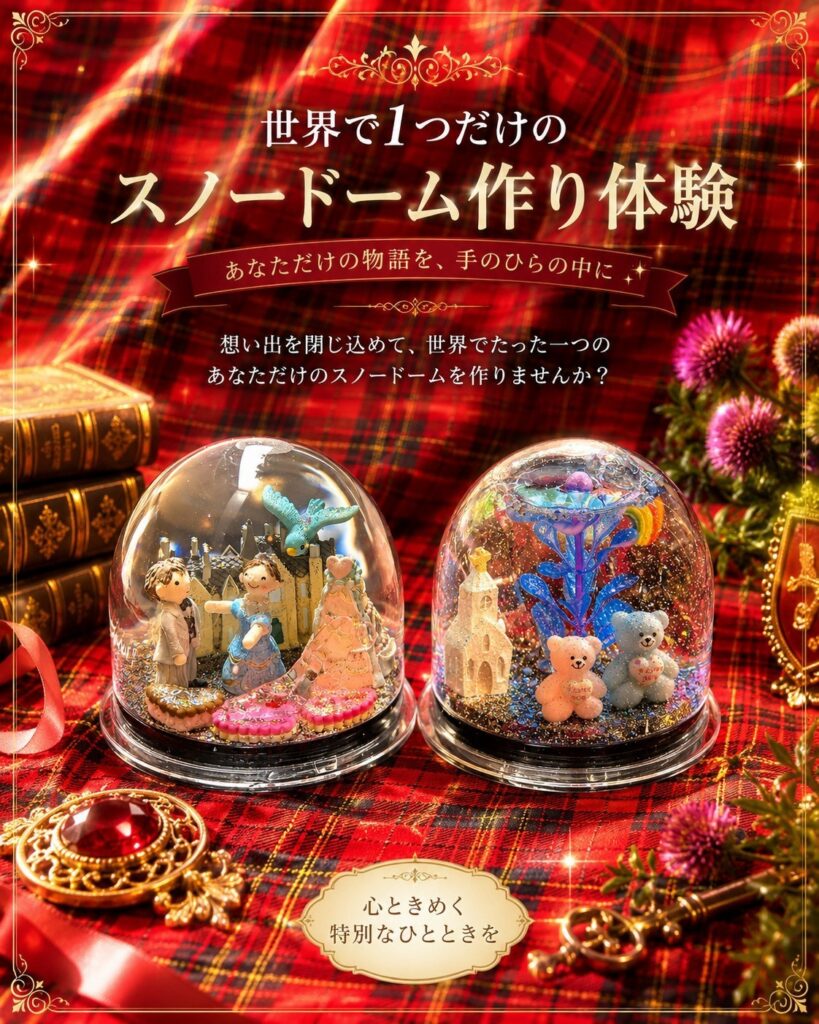 ロックハート城で体験できるオリジナルスノードーム作り。好きなパーツを組み合わせて世界にひとつだけのスノードームを作れる人気の手作り体験。