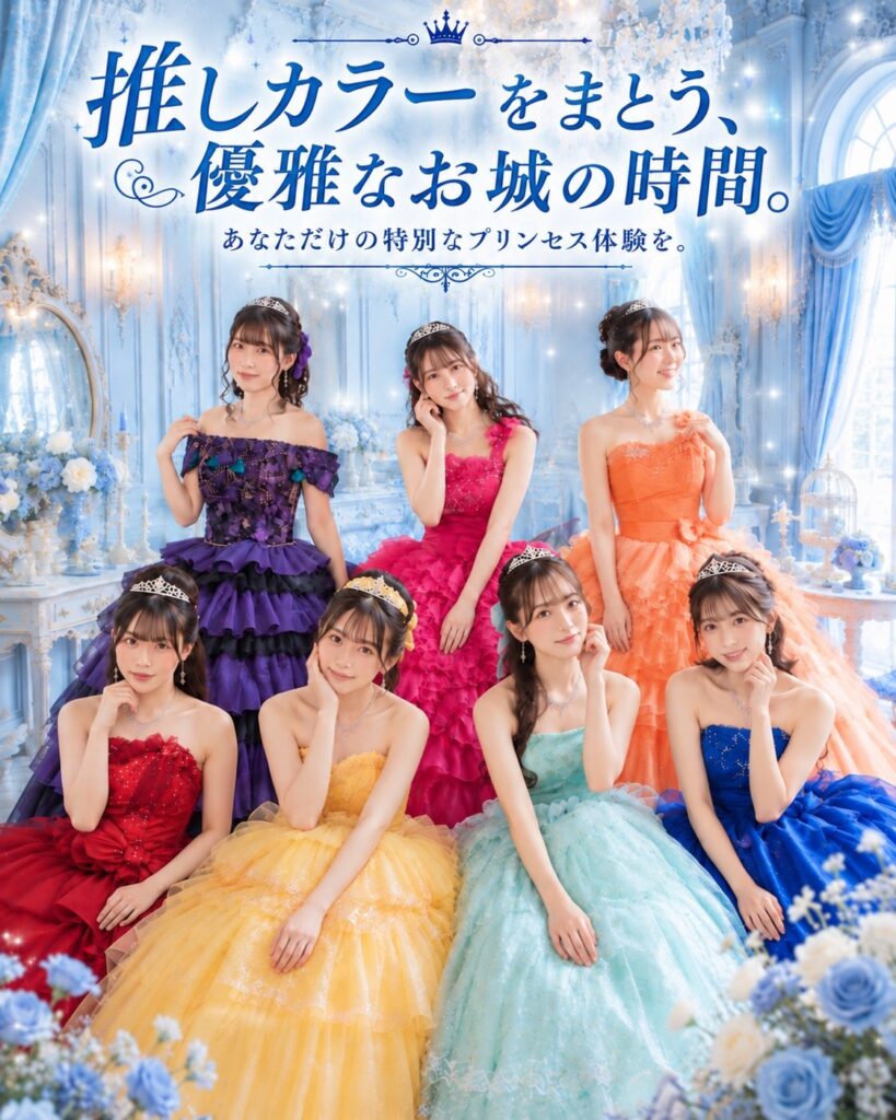 ロックハート城のプリンセス体験で7色のカラードレスをまとった女性たち