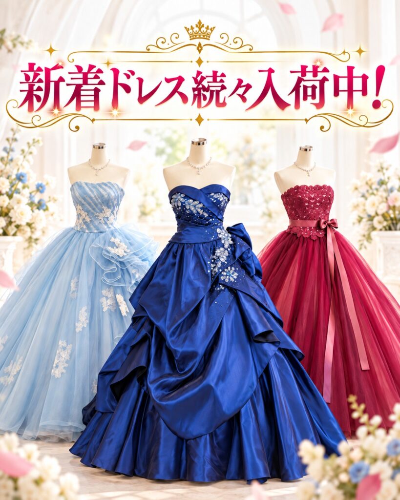 ロックハート城プリンセス体験の新着ドレス。水色・ロイヤルブルー・赤の華やかなドレス3着を展示